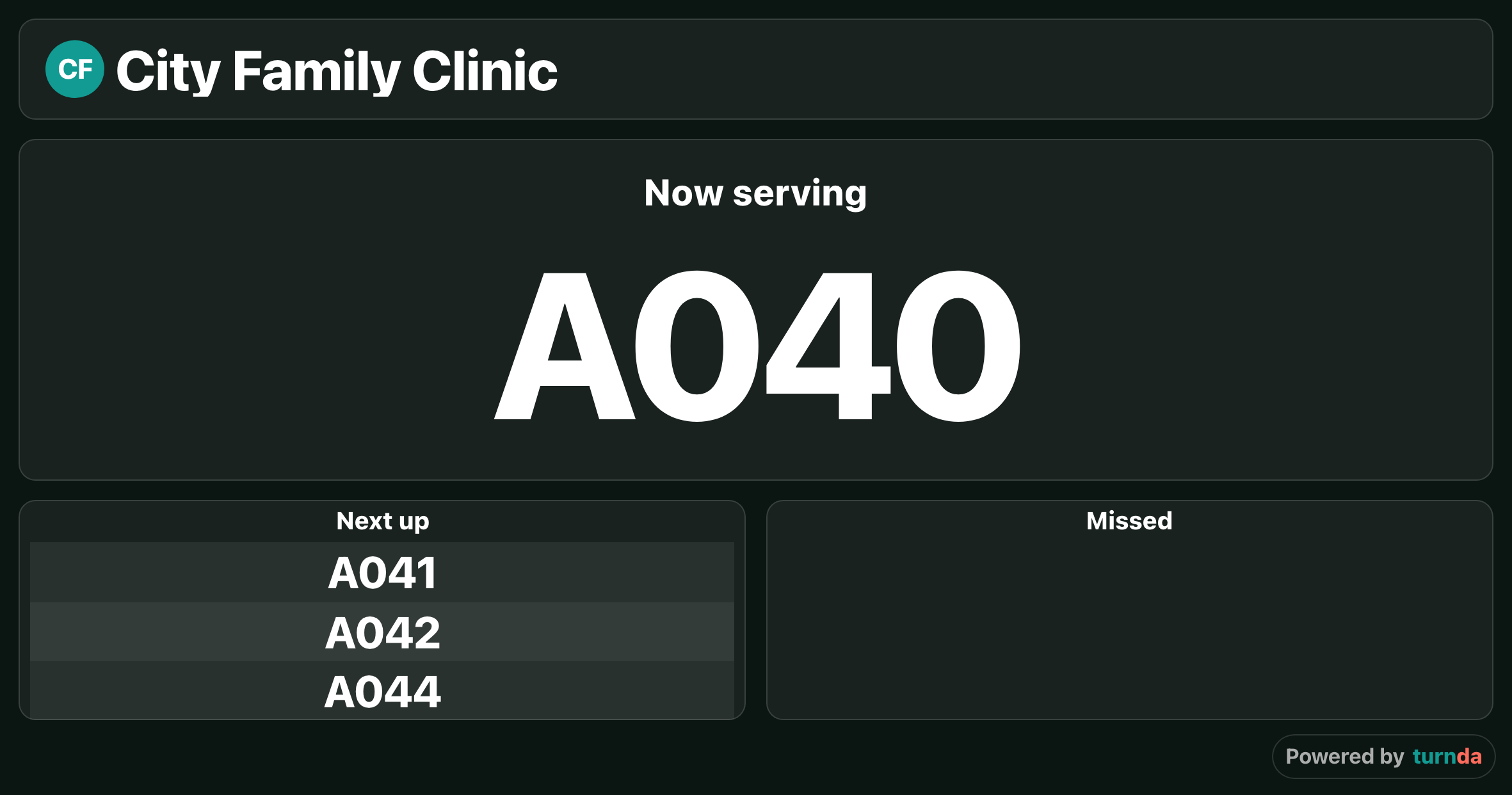The lobby TV board for City Family Clinic: Now serving A040, and Next up A041, A042 and A044. Numbers only, no names.