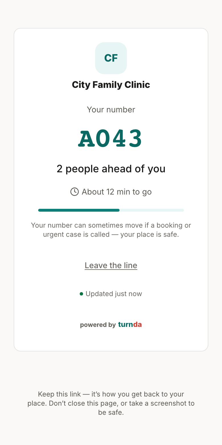 The waiting page on a customer's phone: City Family Clinic, Your number A043, 2 people ahead of you, About 12 min to go, and a Leave the line link.